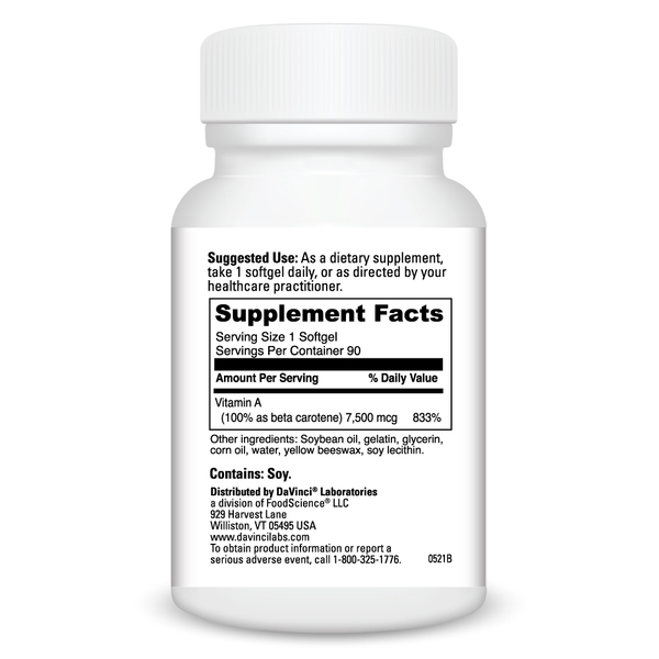 Beta Carotene 180 Softgels Supplement Facts Label