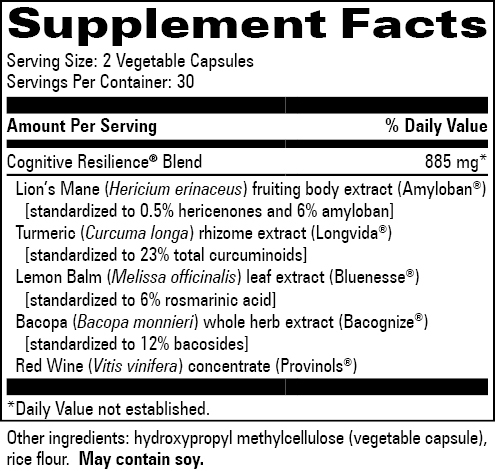 Cognitive Resilience Supplement Facts Label