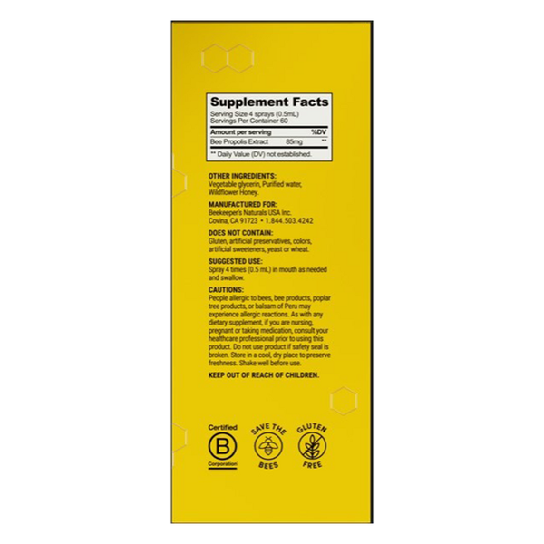 Propolis Immune Support Spray Supplement Facts Label