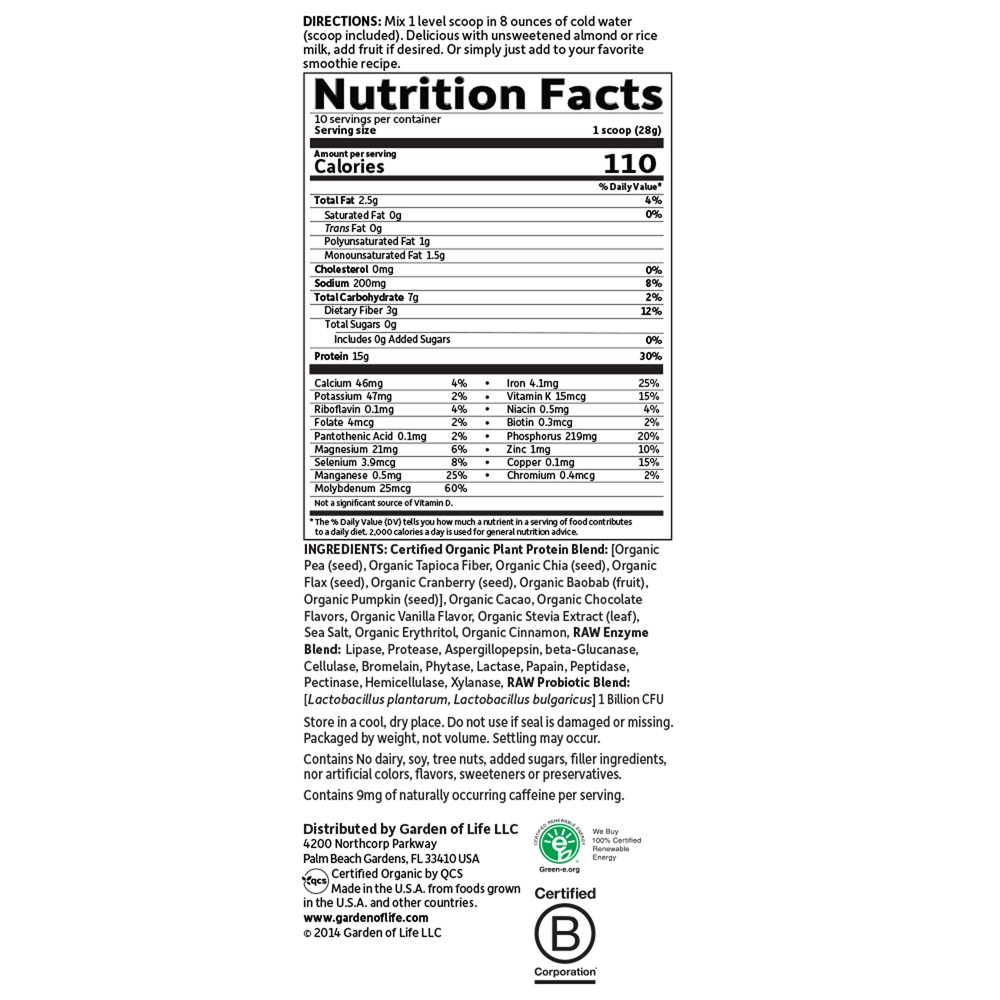 Organic Plant Protein Chocolate Supplement Facts Label