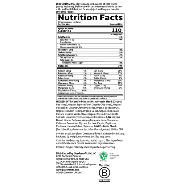 Organic Plant Protein Chocolate Supplement Facts Label