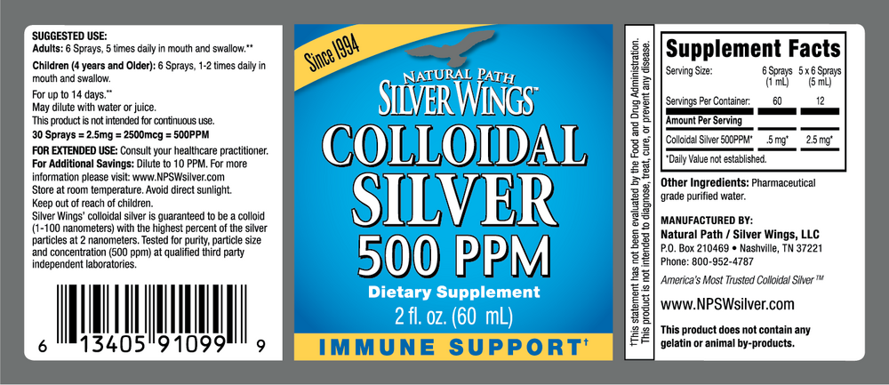 Colloidal Silver 500PPM Spray Supplement Facts Label