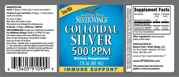Colloidal Silver 500PPM Spray Supplement Facts Label