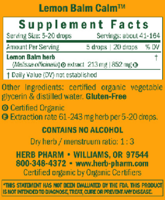 Kids Lemon Balm Calm Alcohol Free Supplement Facts Label