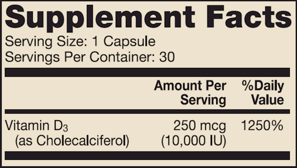 BACKORDER ONLY - Liposomal Vitamin D3 10,000 IU Supplement Facts Label