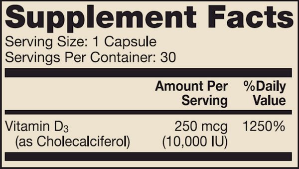 BACKORDER ONLY - Liposomal Vitamin D3 10,000 IU Supplement Facts Label