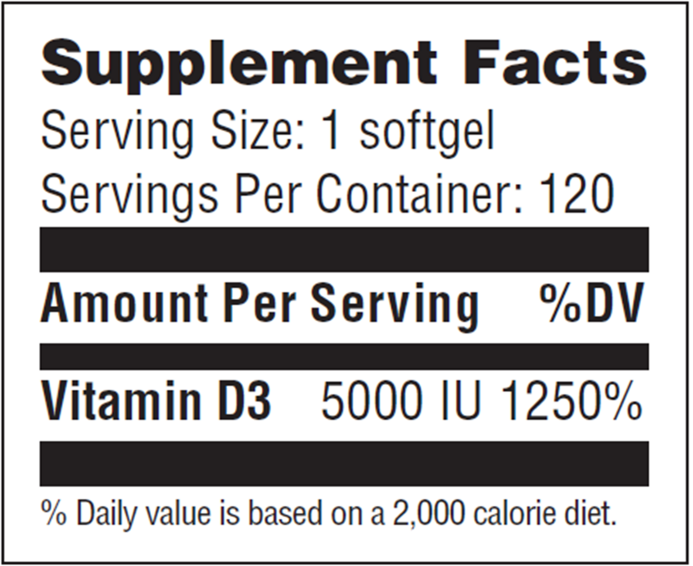 Vitamin D3 5000 IU Softgels Supplement Facts Label