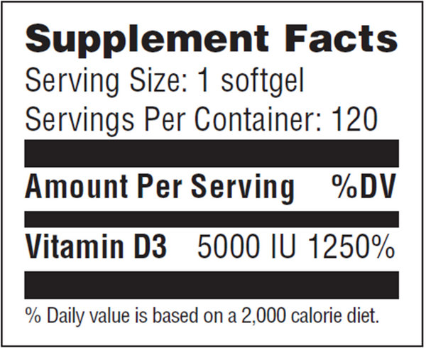Vitamin D3 5000 IU Softgels Supplement Facts Label