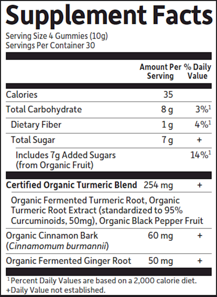 Organics Turmeric Gummies Supplement Facts Label