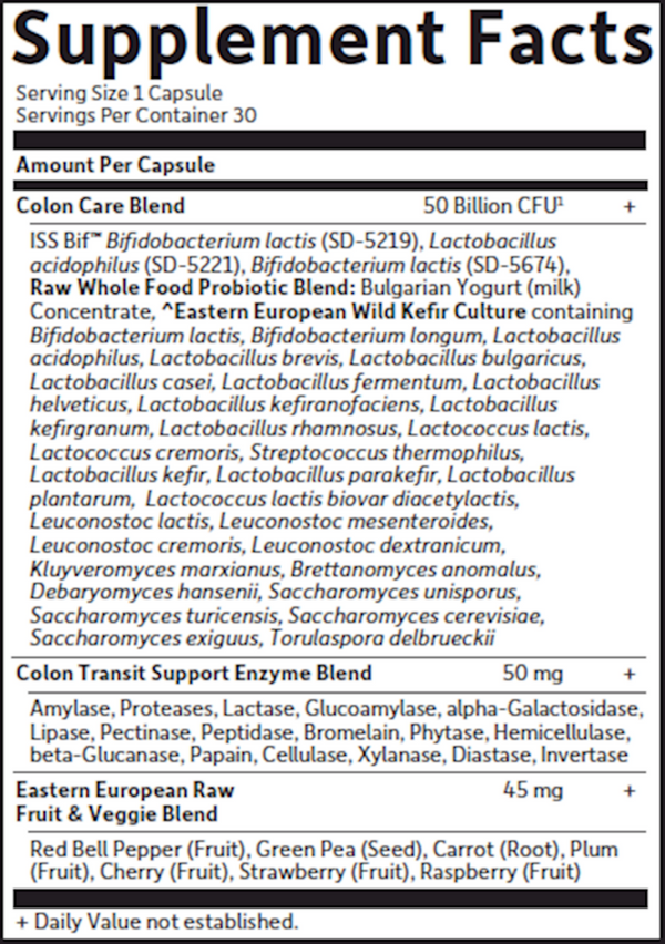 Raw Probiotics Colon Care Shelf Stable Supplement Facts Label