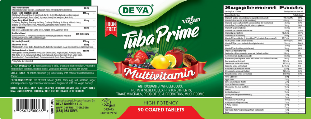 Vegan Tuba Prime Iron-Free Supplement Facts Label