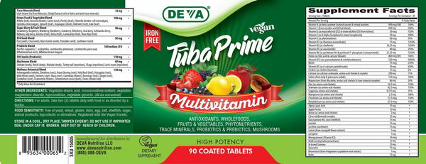 Vegan Tuba Prime Iron-Free Supplement Facts Label