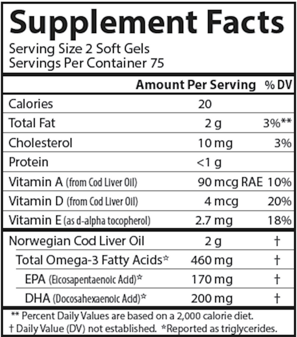 Wild Norwegian Cod Liver Oil Supplement Facts Label