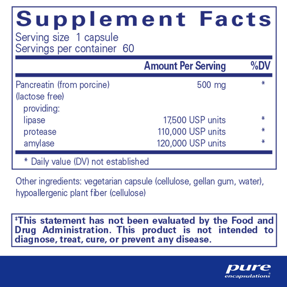 Pancreatic Enzyme Formula 180's Supplement Facts Label