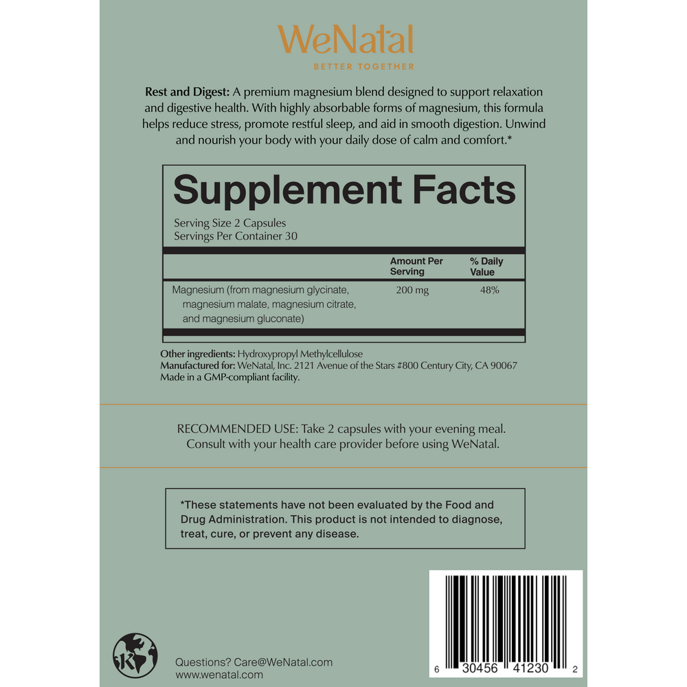 Magnesium Rest + Digest Supplement Facts Label