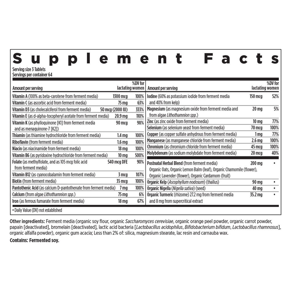 Perfect Postnatal Supplement Facts Label