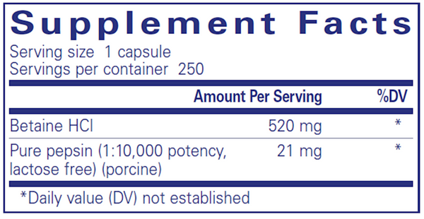 Betaine HCl Pepsin Supplement Facts Label