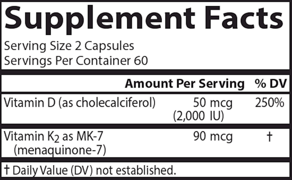 Adult D3 & K2 Supplement Facts Label