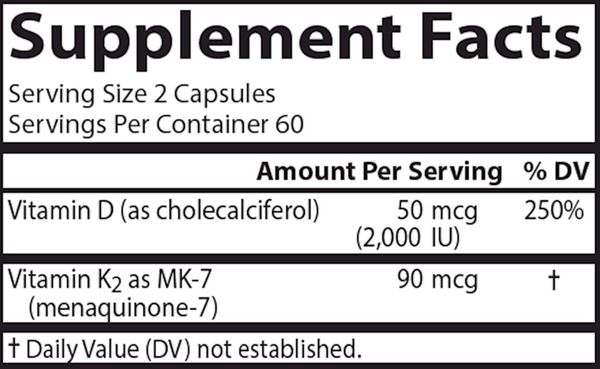 Adult D3 & K2 Supplement Facts Label