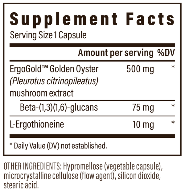 Ergo+ L-Ergothioneine Capsules Supplement Facts Label