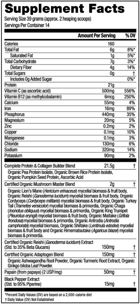 MUSHROOM MASTER BLEND CHOCOLATE PROTEIN Supplement Facts Label