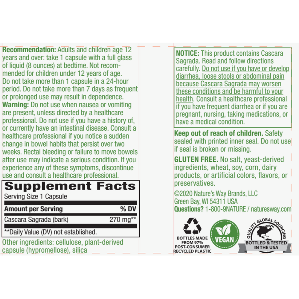 Cascara Sagrada 270 mg Supplement Facts Label
