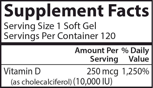 Vitamin D3 10000 IU Supplement Facts Label