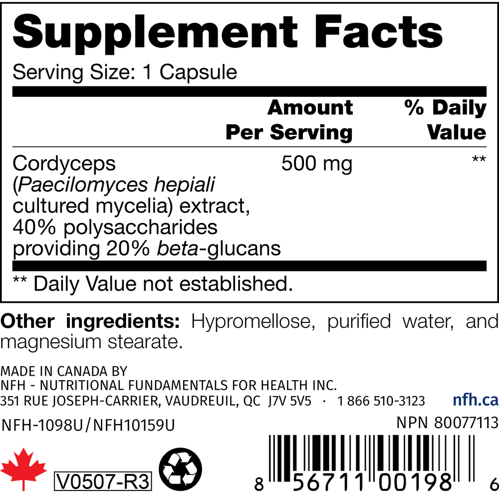 Cordyceps SAP Supplement Facts Label