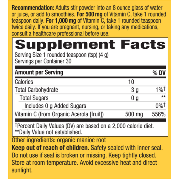 Alive! Organic Vitamin C Powder Supplement Facts Label
