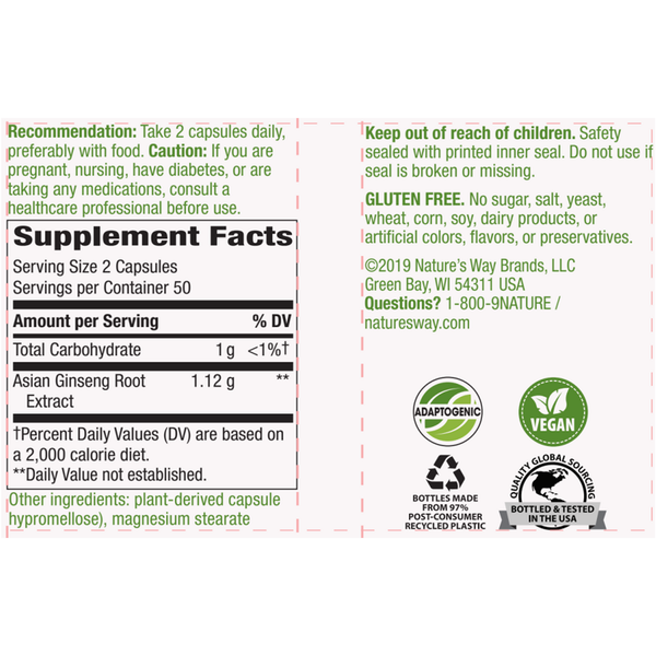 Asian Ginseng veg capsules Supplement Facts Label