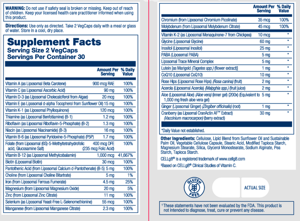 Liposomal Women's 50+ MultiVitamin Supplement Facts Label