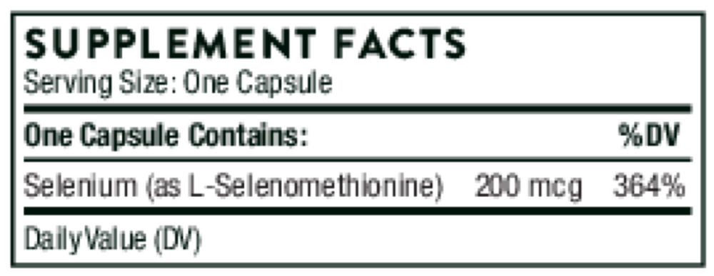 Selenium 200 mcg Supplement Facts Label