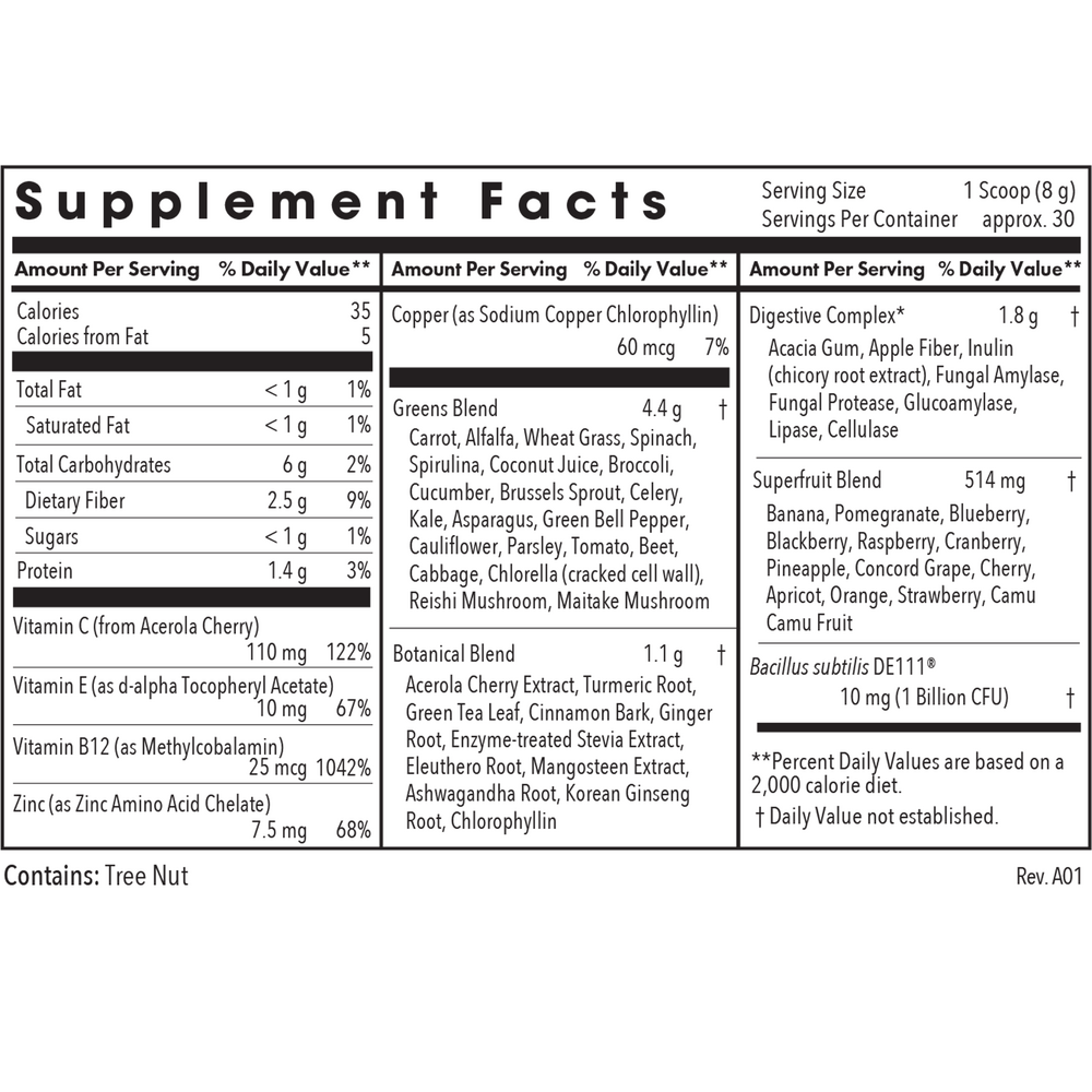 Super Greens Powder Supplement Facts Label