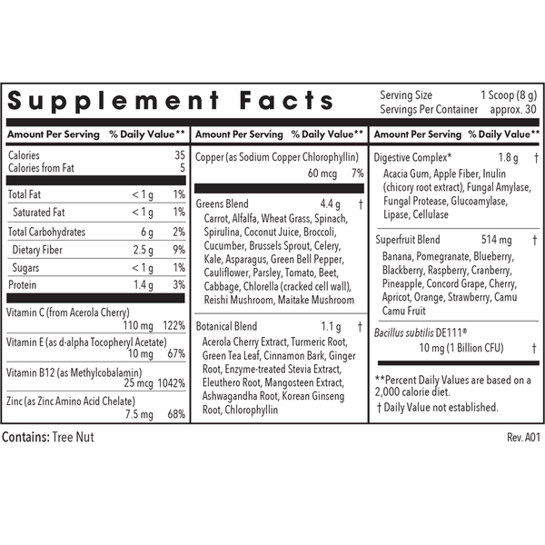 Super Greens Powder Supplement Facts Label