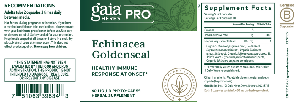 Echinacea Goldenseal Capsules Supplement Facts Label