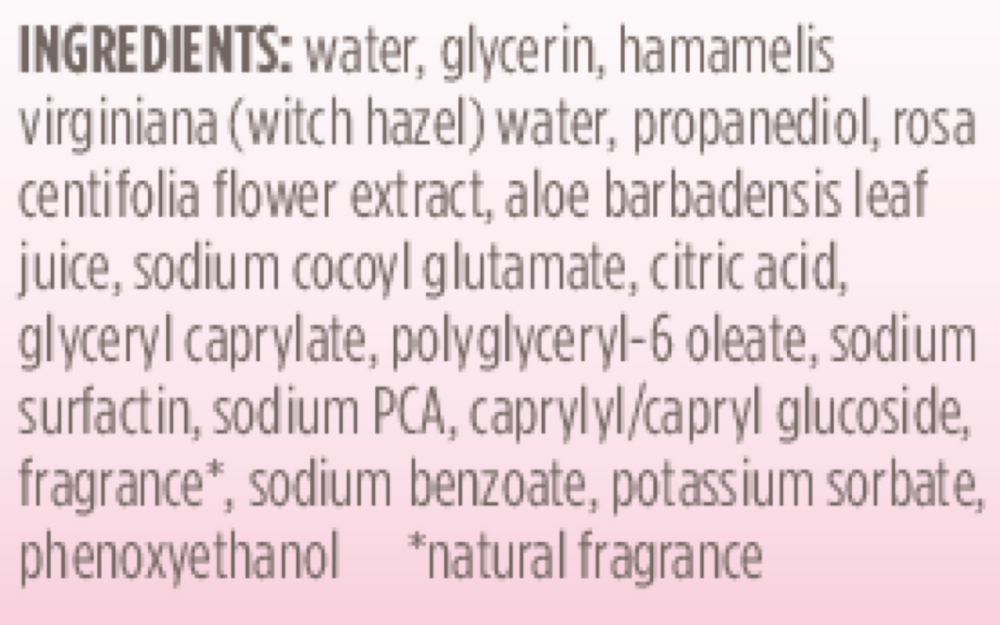 Toner Calming Witch Hazel & Rose Supplement Facts Label