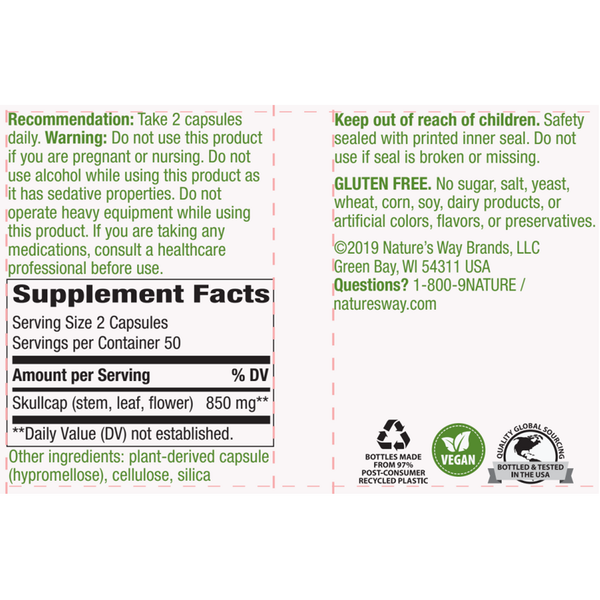 Skullcap Herb 425 mg Supplement Facts Label