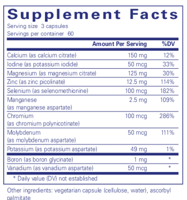 Mineral 650 W/O Cu & Fe Supplement Facts Label