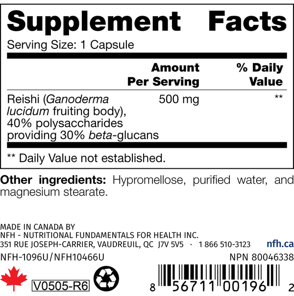 Reishi SAP Supplement Facts Label
