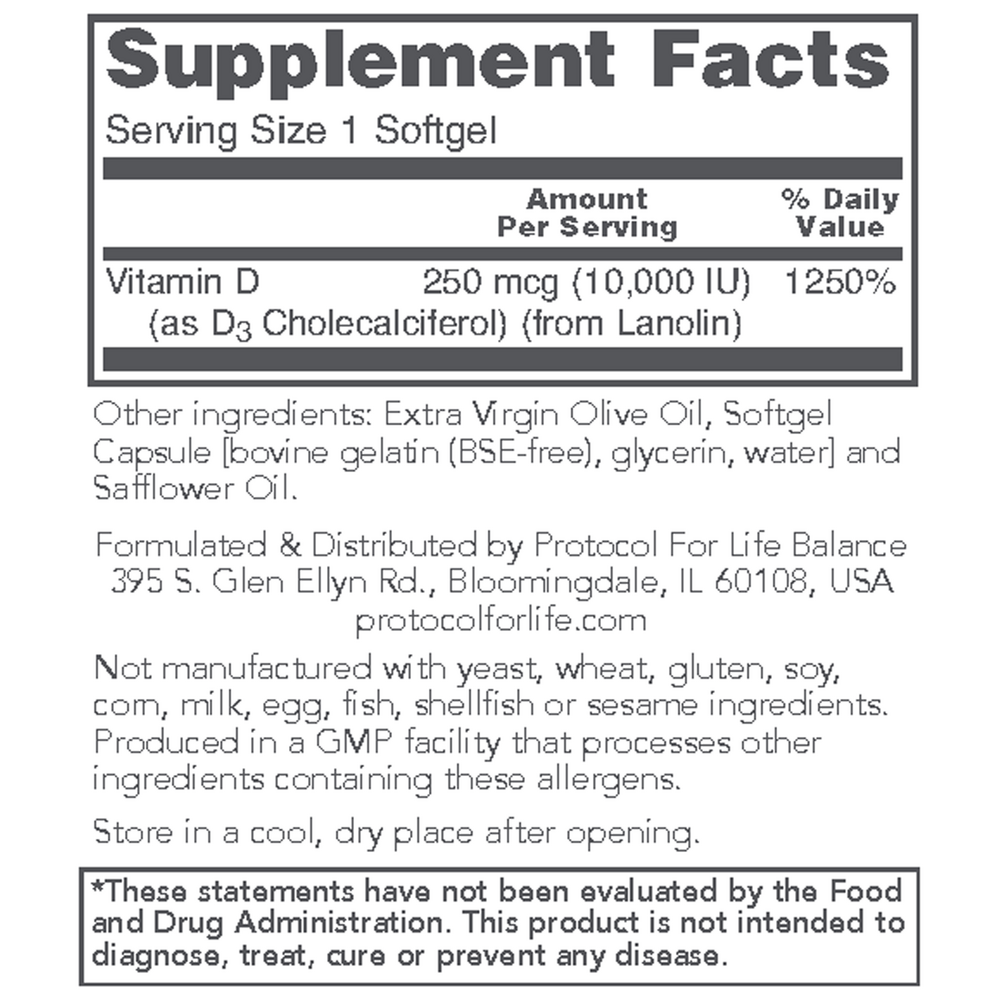 Vitamin D-3 10,000 IU Supplement Facts Label