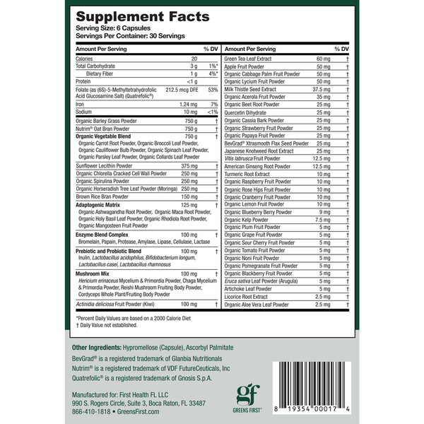 Greens First Capsules Supplement Facts Label