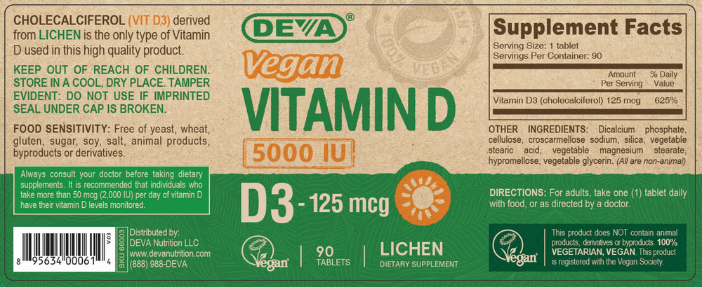 Vegan Vitamin D3 (5000 IU) Supplement Facts Label