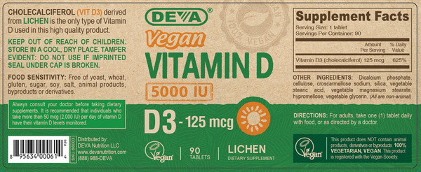 Vegan Vitamin D3 (5000 IU) Supplement Facts Label
