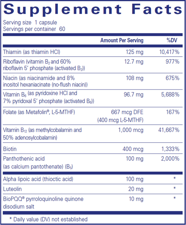Ultra B-Complex with PQQ Supplement Facts Label