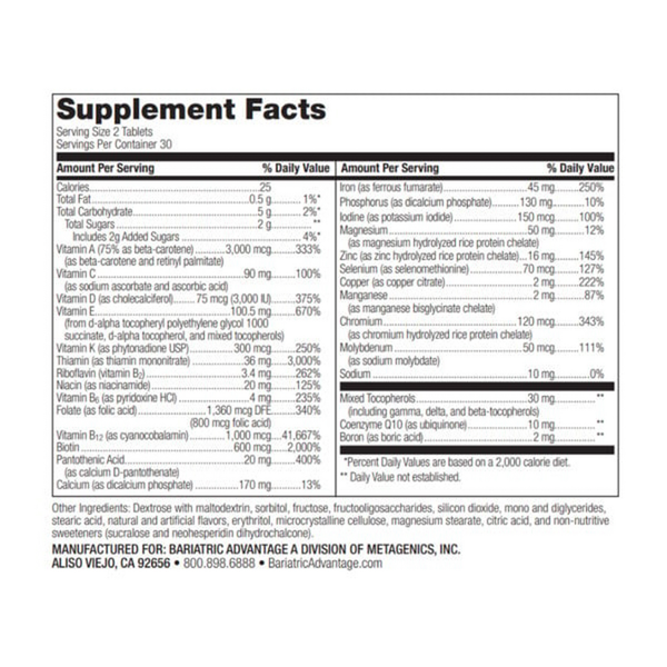 Advanced Multi EA Chewable Mixed Fruit Supplement Facts Label