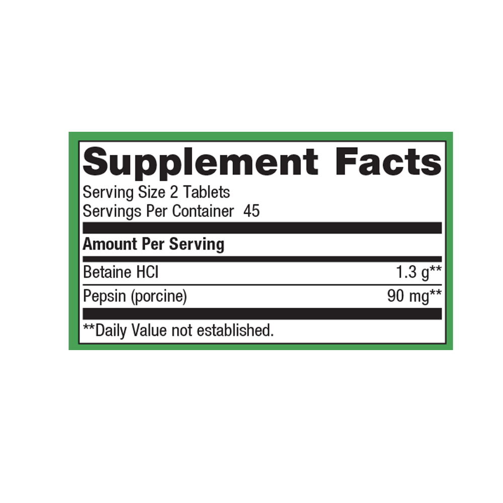 SpectraZyme Betaine HCl + Pepsin (Formerly known as SpectraZyme Metagest) Supplement Facts Label
