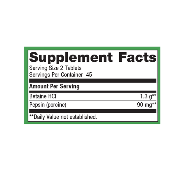 SpectraZyme Betaine HCl + Pepsin (Formerly known as SpectraZyme Metagest) Supplement Facts Label