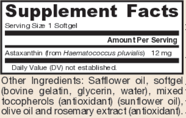 Astaxanthin 12mg Supplement Facts Label