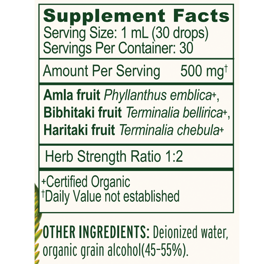 Triphala Liquid Extract Organic Supplement Facts Label