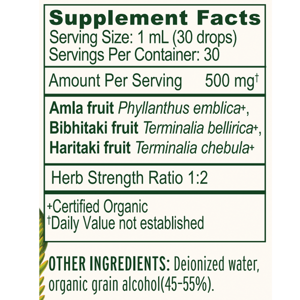 Triphala Liquid Extract Organic Supplement Facts Label